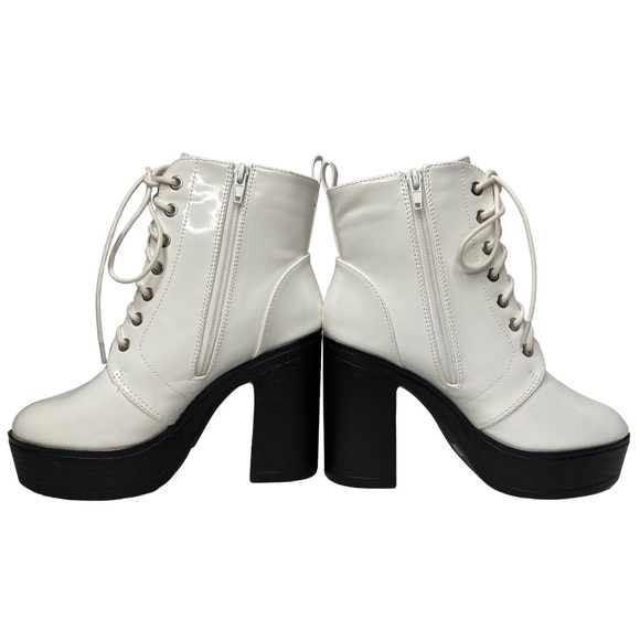 ALLEGRA K White Patent Leather Platform Lace Up Chunky Heel Combat Boots, 7.5 - Picture 7 of 13